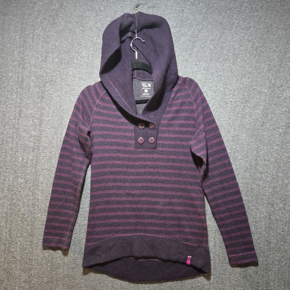Mountain Hardwear Womens Sz M Purple Striped Long Sleeve Wool Hooded Pullover
